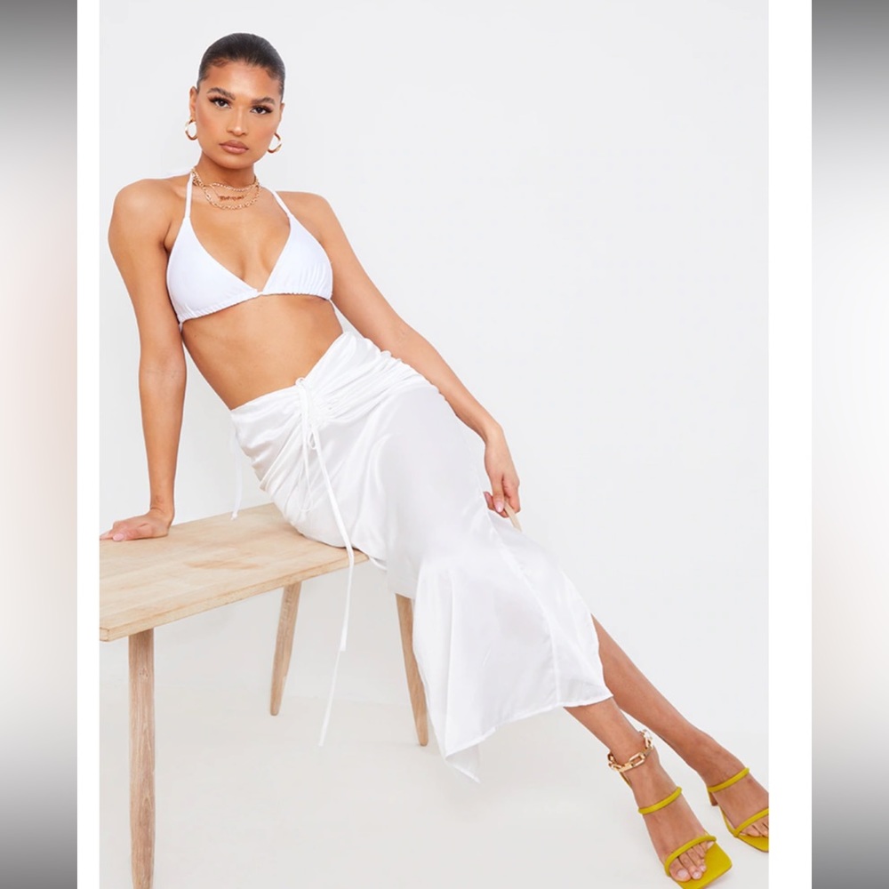 White Satin Ruched Tie Waist Detail Midaxi Skirt
